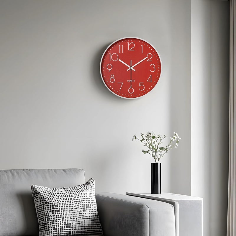 Living Room and Office Wall Clock, 12 Non-Ticking with Large Numbers, Silent Quartz, Round, Easy to Install, White+Red - Image 3