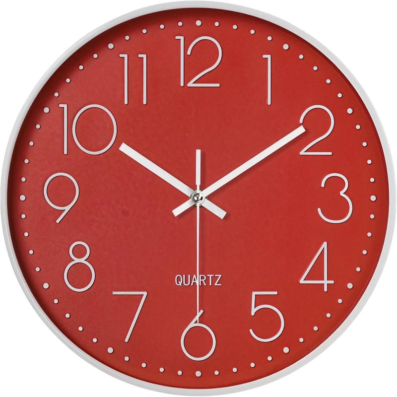 Living Room and Office Wall Clock, 12 Non-Ticking with Large Numbers, Silent Quartz, Round, Easy to Install, White+Red - Image 1
