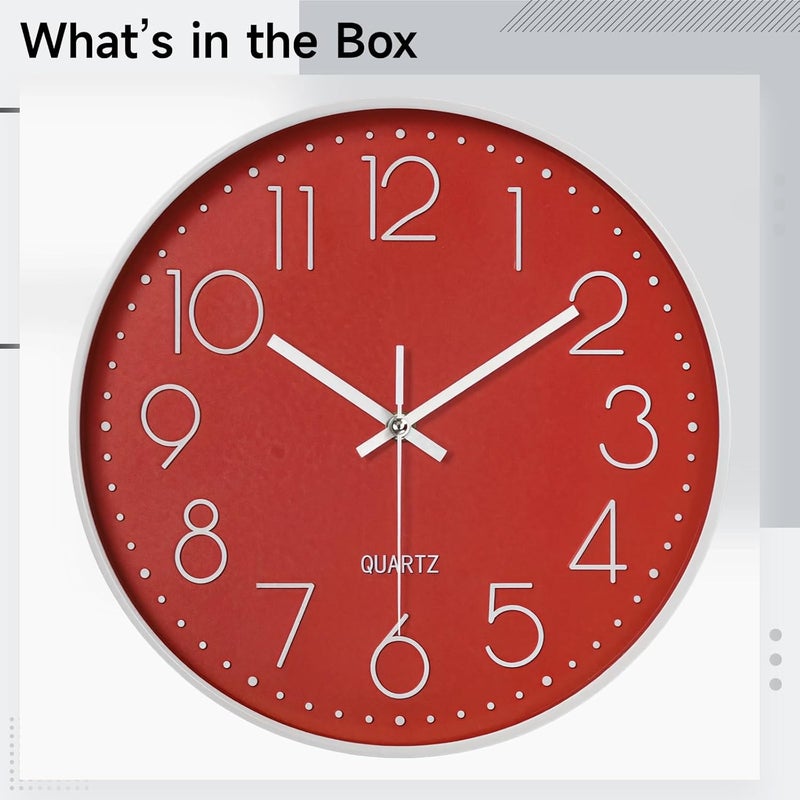 Living Room and Office Wall Clock, 12 Non-Ticking with Large Numbers, Silent Quartz, Round, Easy to Install, White+Red - Image 5