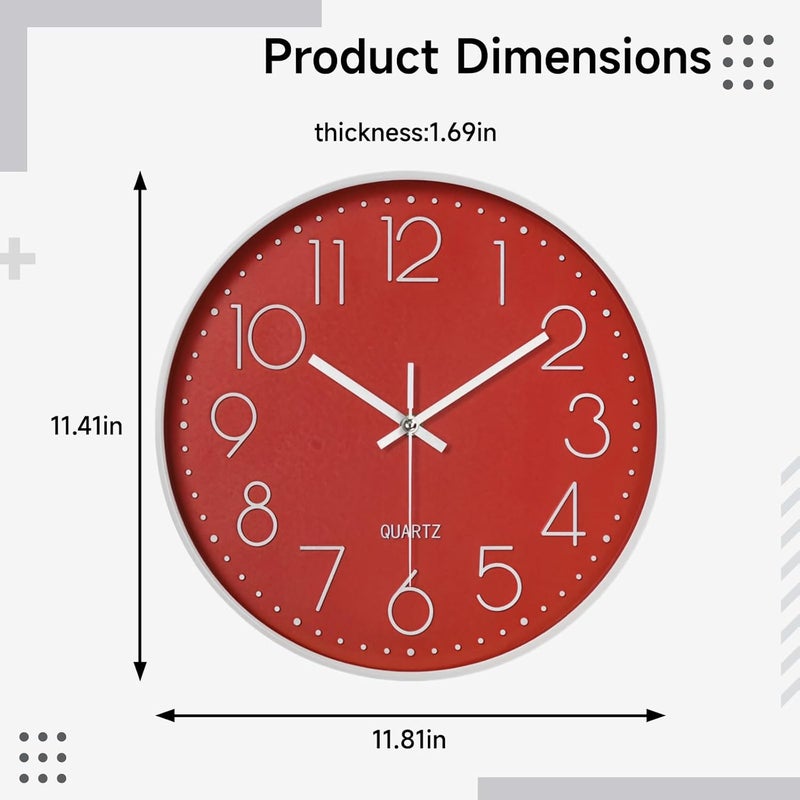 Living Room and Office Wall Clock, 12 Non-Ticking with Large Numbers, Silent Quartz, Round, Easy to Install, White+Red - Image 4