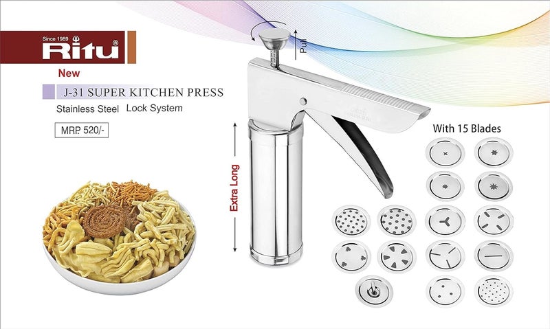 RITU Stainless Steel Kitchen Press with 15 Jali Discs for Bhujia, Sev, Chakli, Noodles, Farsan, Murukku, Namkeen, Cookies & Snacks Making | Manual Food Maker Tool for Home Use - Image 3
