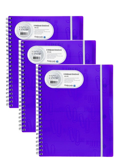 3-Piece A4 Size Spiral Subject Notebook With Elastic Closure Dark Blue Cover