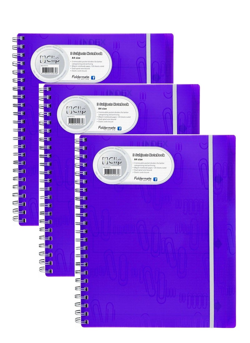 Foldermate - 3-Piece A4 Size Spiral Subject Notebook With Elastic Closure Dark Blue Cover - Image 1