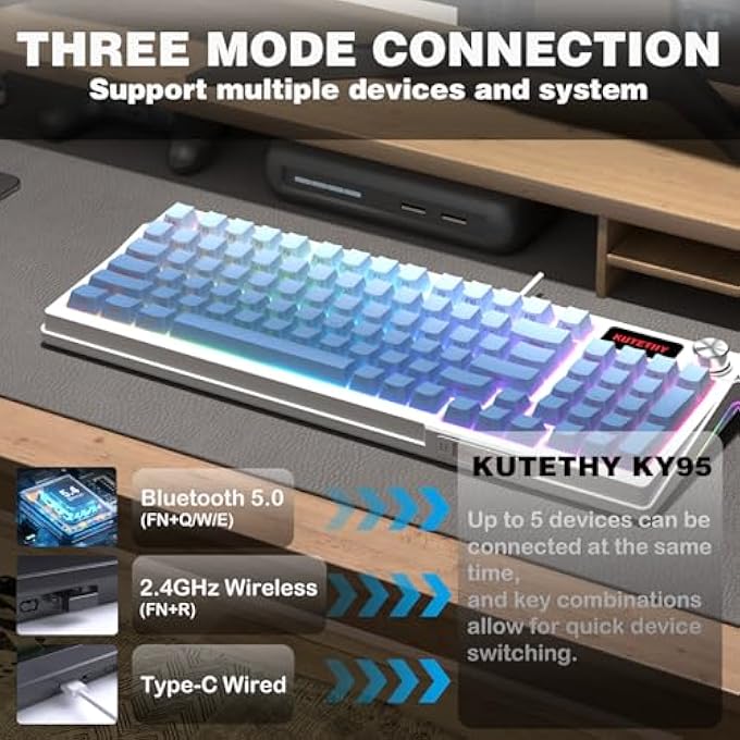 KUTETHY KY95 98% WIRELESS GASKET RGB GAMING KEYBOARD,3-MODES 95 KEYS HOT-SWAP MECHANICAL KEYBOARD,DEDICATED KNOB CONTROL ON-SCREEN DISPLAY,SIDE PRINTED PBT KEYCAPS,CLICKY PRE-LUBED 3.0 BLUE SWITCH - Image 3
