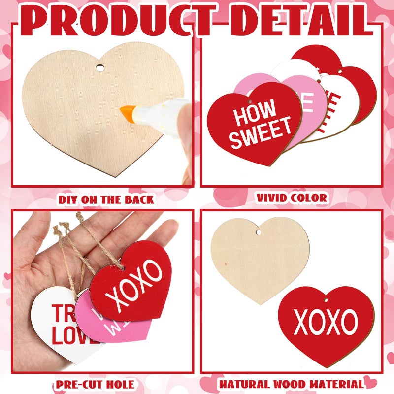 Glenmal 36 Pcs Valentine's Day Wooden Ornaments Sweet Heart Decorations Pink Red and White Wood Hanging Decor for Home Decoration Sweet Conversation Wooden Hanging Craft for Party Supplies - Image 4