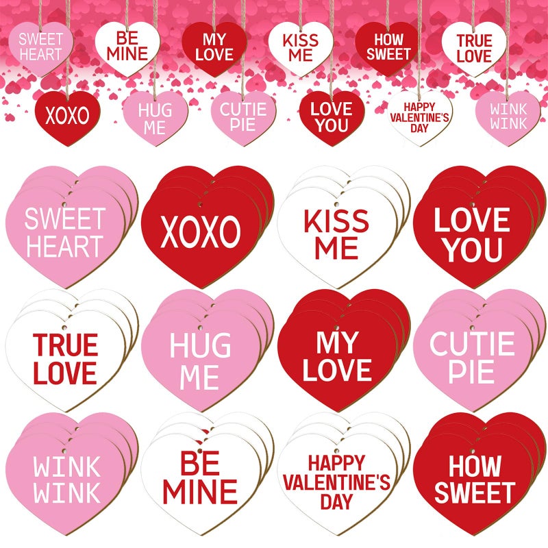 Glenmal 36 Pcs Valentine's Day Wooden Ornaments Sweet Heart Decorations Pink Red and White Wood Hanging Decor for Home Decoration Sweet Conversation Wooden Hanging Craft for Party Supplies - Image 1