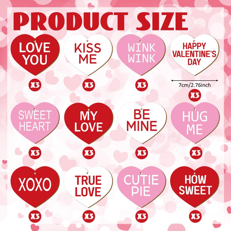 Glenmal 36 Pcs Valentine's Day Wooden Ornaments Sweet Heart Decorations Pink Red and White Wood Hanging Decor for Home Decoration Sweet Conversation Wooden Hanging Craft for Party Supplies - Image 2