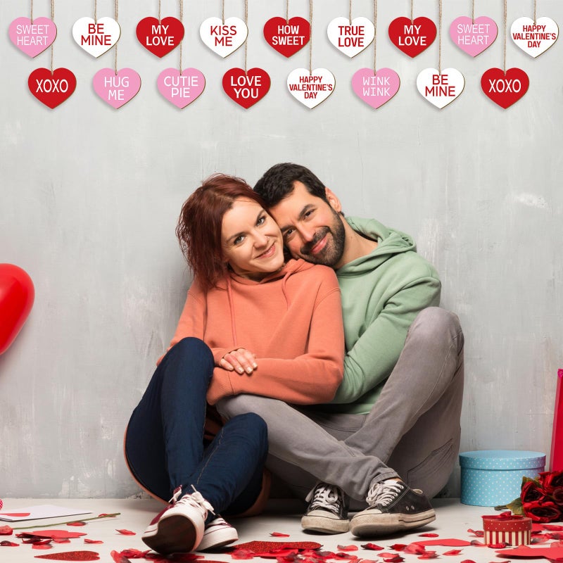 Glenmal 36 Pcs Valentine's Day Wooden Ornaments Sweet Heart Decorations Pink Red and White Wood Hanging Decor for Home Decoration Sweet Conversation Wooden Hanging Craft for Party Supplies - Image 5