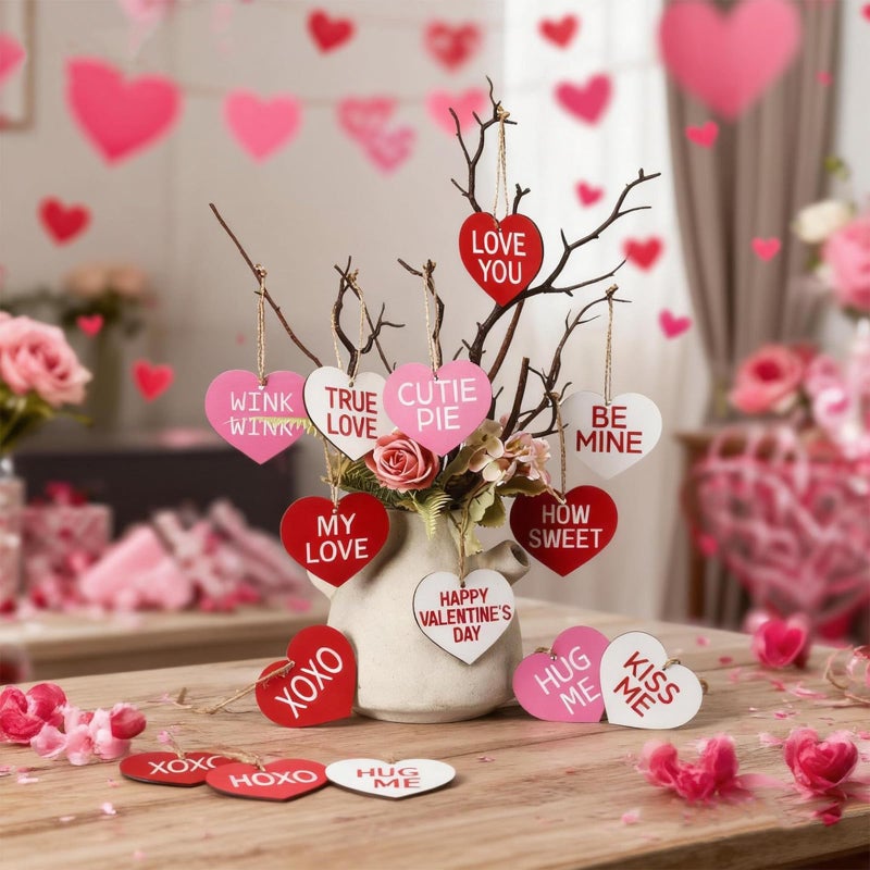 Glenmal 36 Pcs Valentine's Day Wooden Ornaments Sweet Heart Decorations Pink Red and White Wood Hanging Decor for Home Decoration Sweet Conversation Wooden Hanging Craft for Party Supplies - Image 3