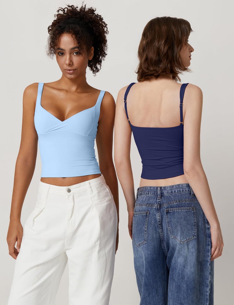 QINSEN Tank Top for Women V Neck Sleeveless Double Lined Going Out Tight Crop T Shirts Estate Blue M - Image 3
