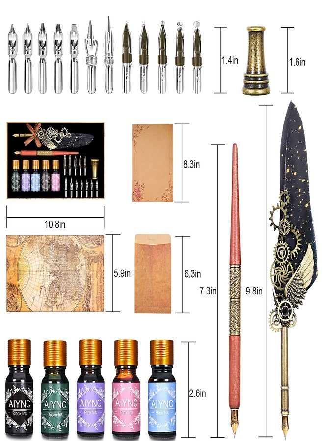 AIYNC Quill Pen, Quill Pen Ink Set Including Mechanical Feather Pen and Wooden Dip Pen, 5 Colors of Ink, 12 Replacement Nibs, Pen Holder, Envelope and Letter Paper (Black) - Image 2