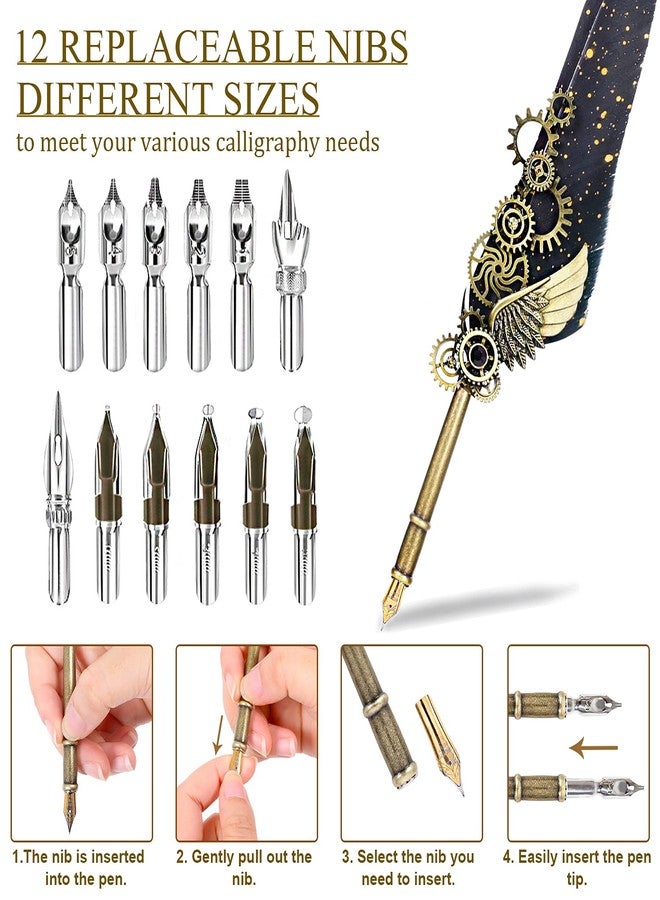 AIYNC Quill Pen, Quill Pen Ink Set Including Mechanical Feather Pen and Wooden Dip Pen, 5 Colors of Ink, 12 Replacement Nibs, Pen Holder, Envelope and Letter Paper (Black) - Image 3