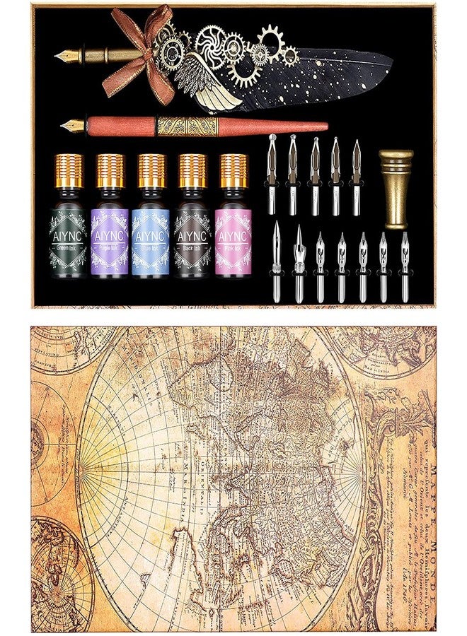 AIYNC Quill Pen, Quill Pen Ink Set Including Mechanical Feather Pen and Wooden Dip Pen, 5 Colors of Ink, 12 Replacement Nibs, Pen Holder, Envelope and Letter Paper (Black) - Image 1