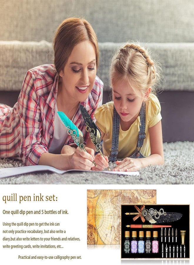 AIYNC Quill Pen, Quill Pen Ink Set Including Mechanical Feather Pen and Wooden Dip Pen, 5 Colors of Ink, 12 Replacement Nibs, Pen Holder, Envelope and Letter Paper (Black) - Image 5