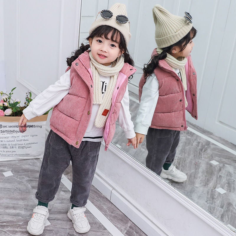 Kids Cotton Vest Autumn Winter Unisex Solid Color Corduroy Grey  - Image 5