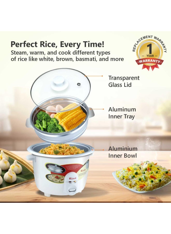 Rico Automatic Electric Rice Cooker 1.8 litres Single Pot with Vegetable Steamer | Quick Cook Japanese Technology | 650 Watt l One Touch Control and Transparent Glass lid |1 Year Warranty | White (Aluminum) - Image 5