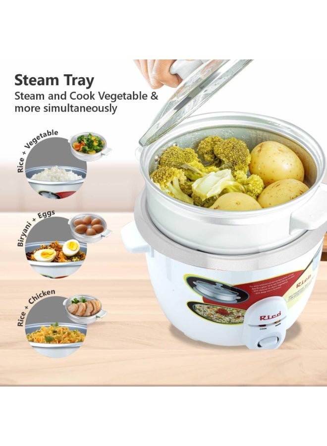 Rico Automatic Electric Rice Cooker 1.8 litres Single Pot with Vegetable Steamer | Quick Cook Japanese Technology | 650 Watt l One Touch Control and Transparent Glass lid |1 Year Warranty | White (Aluminum) - Image 4