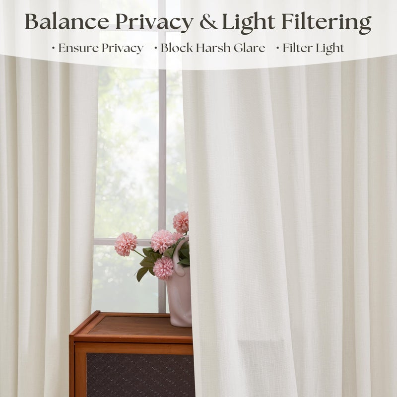 Seeluck Linen Curtains 90 Inches Long Pinch Pleated for Living Room Bedroom 2 Panels Set Light Filtering Semi Sheer Pinch Pleat Hooks Rings Back Tab Memory Trained Cream Ivory Window Drapes 90 Inch Length - Image 4