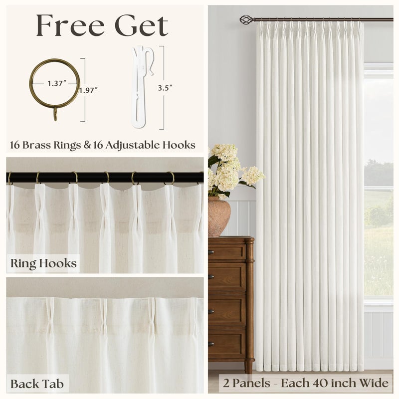 Seeluck Linen Curtains 90 Inches Long Pinch Pleated for Living Room Bedroom 2 Panels Set Light Filtering Semi Sheer Pinch Pleat Hooks Rings Back Tab Memory Trained Cream Ivory Window Drapes 90 Inch Length - Image 5