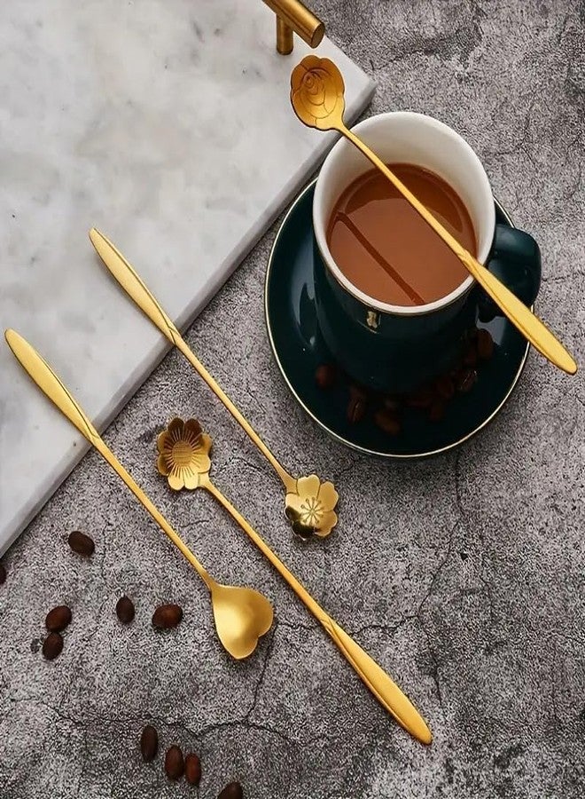 BLISS START Golden Spoon Set/Coffee Spoon/Dessert Spoon/Cutlery Kitchen Tableware/Stainless Steel Gold Flower Shape Coffee Spoon with Package Bag, 4 Pcs Different (Pack of 1). - Image 5
