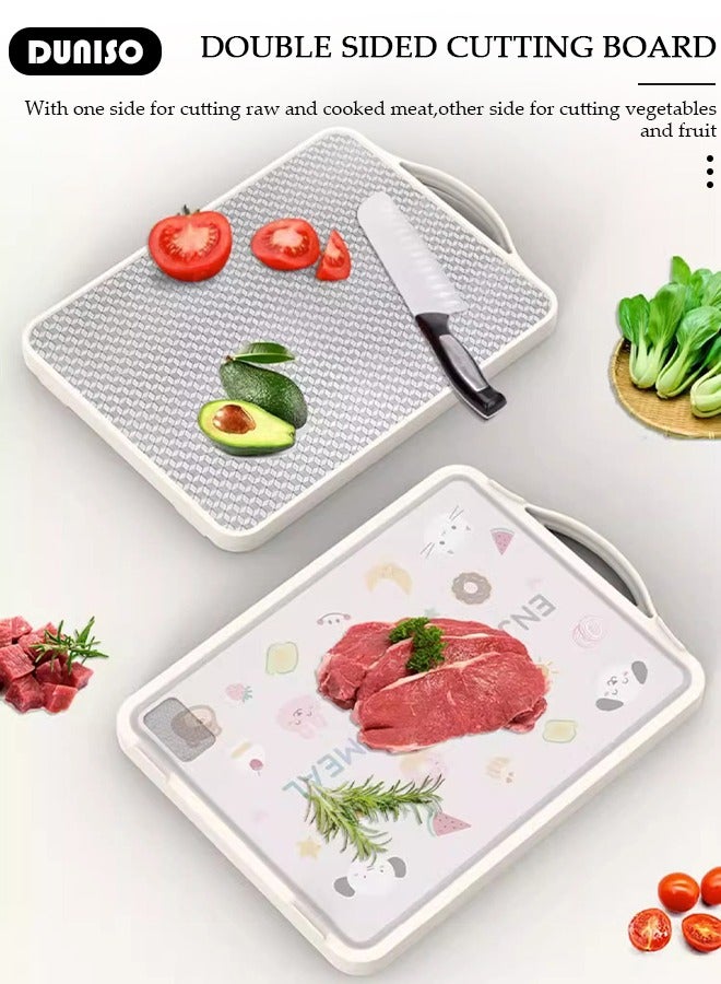 DUNISO ألواح تقطيع من الفولاذ المقاوم للصدأ، ألواح تقطيع مزدوجة الجوانب للمطبخ، حافة مطاطية صديقة للبيئة غير قابلة للانزلاق، لوح تقطيع كبير مزدوج الاستخدام مع مقبض، للفواكه واللحوم - Image 2