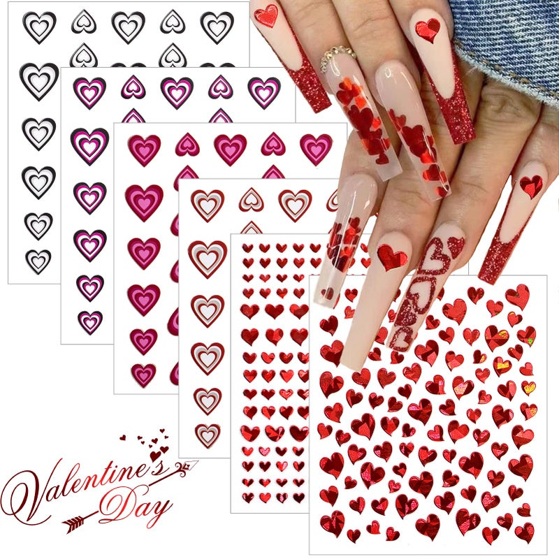 6 Sheets Heart Nail Stickers Valentines Day 3D Red Laser Design SelfAdhesive Nail Art Decals DIY Valentine Manicure Decoration Supplies Accessories for Women Girls