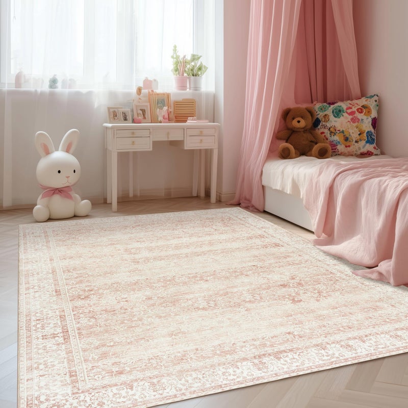 BILEEHOME Light Pink Bedroom Rugs 6x9 Vintage Distressed Aesthetic Cute Boho Floral Feminine Low Pile Soft Carpet Machine Washable Stain Resistant Area Rugs for Kids Room Nursery Playroom Office 6 x 9 - Image 2