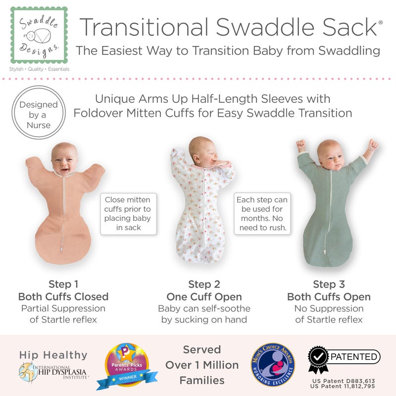 SwaddleDesigns Transitional Swaddle Sack, Arms Up Half-Length Sleeves & Mitten Cuffs, Swaddle for Newborn Transition to Baby Sleep Sack Wearable Blanket, 3-6mo, 14-21 lb, Watercolor Peachy Pink Floral - Image 3