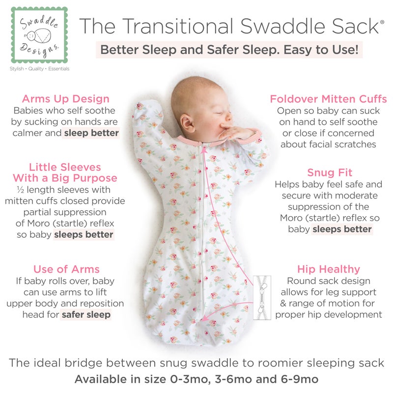 SwaddleDesigns Transitional Swaddle Sack, Arms Up Half-Length Sleeves & Mitten Cuffs, Swaddle for Newborn Transition to Baby Sleep Sack Wearable Blanket, 3-6mo, 14-21 lb, Watercolor Peachy Pink Floral - Image 2