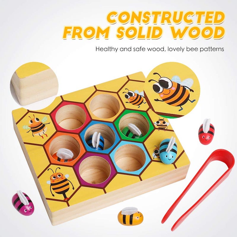 kizh Fine Motor Toys, Clamp Bee to Hive Matching Game Toddler Learning Toys Montessori Wooden Lovely Bee Hive Toys Color Sorting for Baby Early Educational Game Toy for 3 4 5 Years Old Kids - Image 4