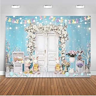 Mocsicka Spring Easter Backdrop Blue and White Rustic Door Spring Photography Backdrops Floral Bunny Rabbit Colorful - Image 1