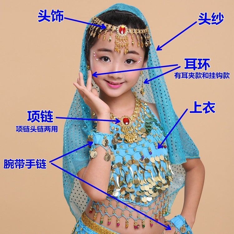 Children'S Belly Dance Wristband Chiffon Bracelet Necklace Headband Veil Headwear Earrings Indian Dance Performance Clothing Veil - Image 5