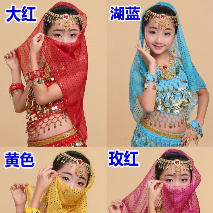 Children'S Belly Dance Wristband Chiffon Bracelet Necklace Headband Veil Headwear Earrings Indian Dance Performance Clothing Veil - Image 3