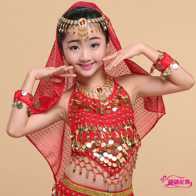Children'S Belly Dance Wristband Chiffon Bracelet Necklace Headband Veil Headwear Earrings Indian Dance Performance Clothing Veil - Image 2