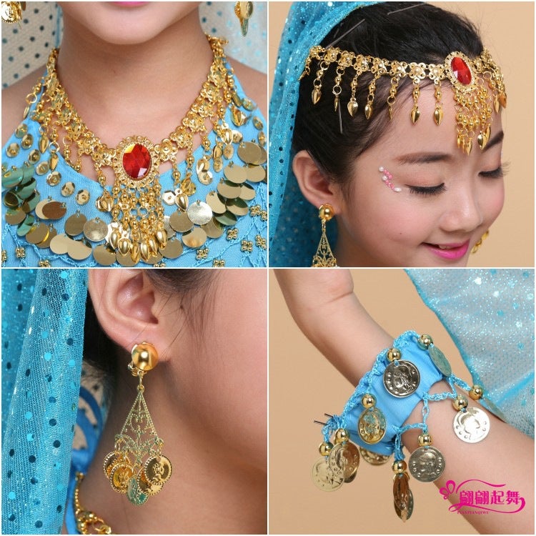 Children'S Belly Dance Wristband Chiffon Bracelet Necklace Headband Veil Headwear Earrings Indian Dance Performance Clothing Veil - Image 4