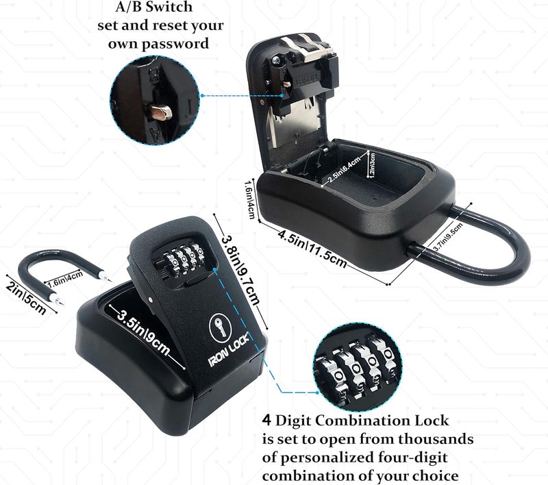Iron Lock ® Key Lock Box Portable with U-Shackle & Wall Mount – Medium Waterproof Heavy-Duty Metal Safe with 4-Digit Combination for Spare Keys Outside on Door Knob, Fence or Gate (Black, Medium) - Image 5