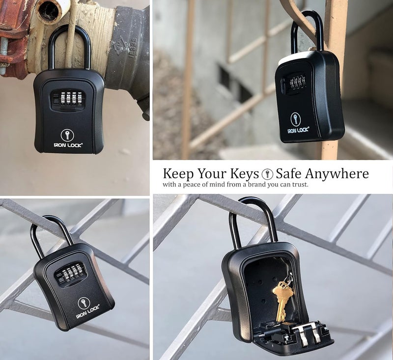 Iron Lock ® Key Lock Box Portable with U-Shackle & Wall Mount – Medium Waterproof Heavy-Duty Metal Safe with 4-Digit Combination for Spare Keys Outside on Door Knob, Fence or Gate (Black, Medium) - Image 2