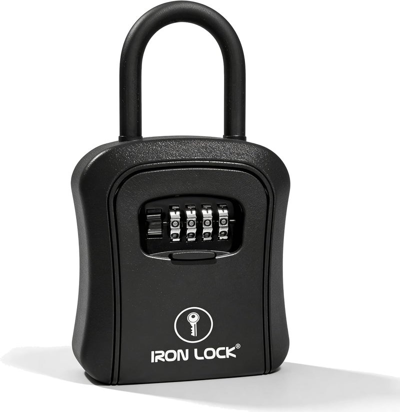 Iron Lock ® Key Lock Box Portable with U-Shackle & Wall Mount – Medium Waterproof Heavy-Duty Metal Safe with 4-Digit Combination for Spare Keys Outside on Door Knob, Fence or Gate (Black, Medium) - Image 1