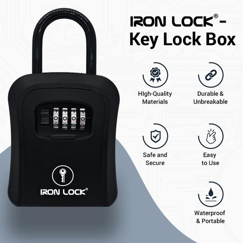 Iron Lock ® Key Lock Box Portable with U-Shackle & Wall Mount – Medium Waterproof Heavy-Duty Metal Safe with 4-Digit Combination for Spare Keys Outside on Door Knob, Fence or Gate (Black, Medium) - Image 4