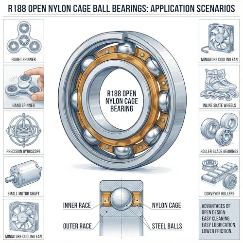 FUSHIBEARING R188 Open Deep Groove Ball Bearing, 1/4" mmx1/2 mmx3/16 mm Fidget Spinner Bearing with Nylon Caged (10 PCS) - Image 2