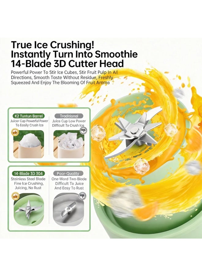 1200ML Portable Wireless Juicer Cup, Electric Fruit Juicer with 14 Stainless Steel Blades & Straw, USB Charging Electric Blender for Travel & Home (Green) - Image 4