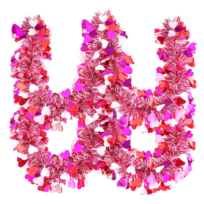 Gloreyan 20FT/6M Valentines Day Tinsel Garland, Red Pink White Heart Metallic Tinsel Twist Garland Hanging Decoration for Valentineâ€™s Day Wedding Birthday Party Supplies - Image 1