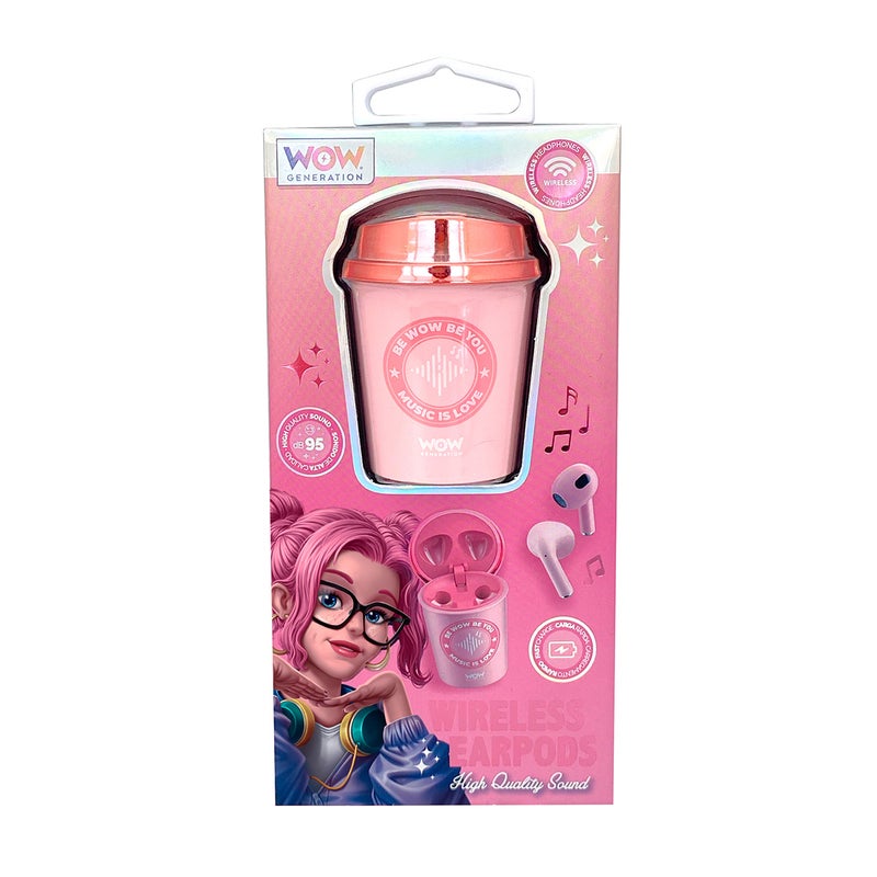 WOW Generation Wireless Earpods In Coffee Cup (Pink) - Image 1