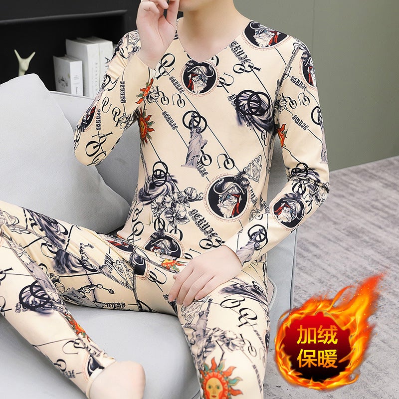 Men'S Velvet Thermal Underwear Thickened Suit Winter Cold Autumn Clothes Autumn Trousers Youth V-Neck Base Shirt For Outer Wear - Image 1