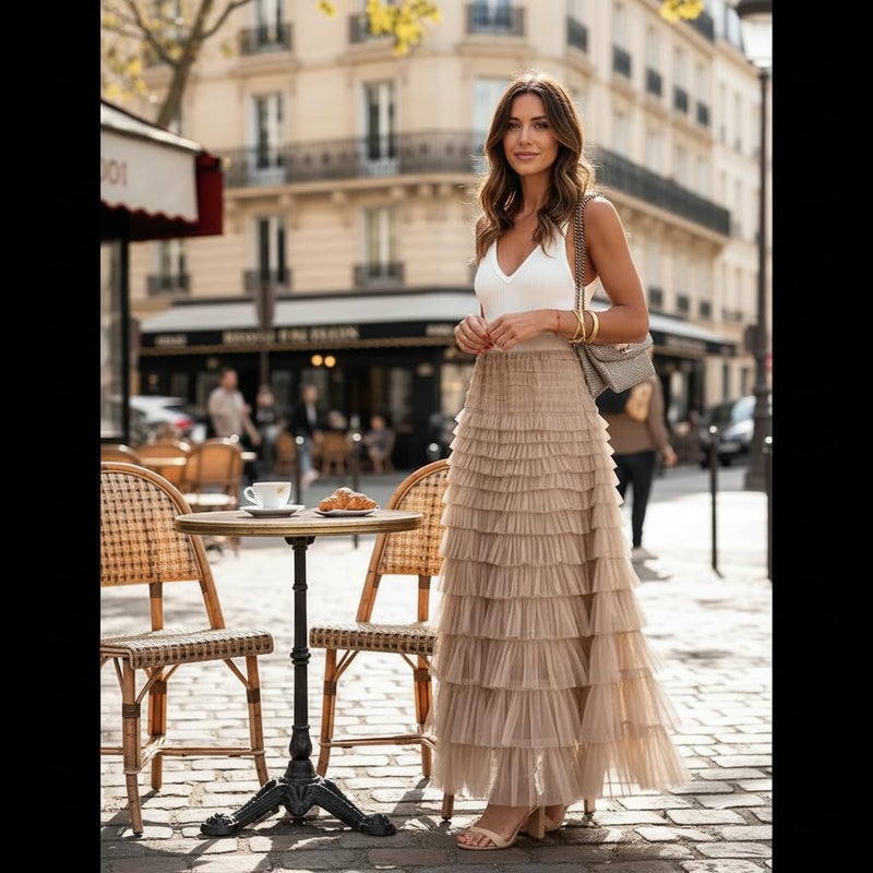 Mincib Womens Long Tulle Skirt A Line Ruffle Tiered Layered Skirts High Waisted Flowy Fairy Maxi Skirts Valentine's Day Gifts Outfit(Champagne,L) - Image 4
