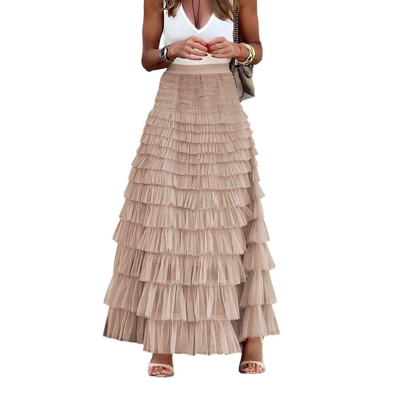 Mincib Womens Long Tulle Skirt A Line Ruffle Tiered Layered Skirts High Waisted Flowy Fairy Maxi Skirts Valentine's Day Gifts Outfit(Champagne,L) - Image 1
