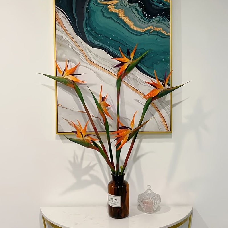 5 Pack Vivid Artificial Birds Of Paradise Flowers With Green Leaves Orange And Purple Petals Perfect For Home Office Wedding Table Centerpieces Centerpiece Decor Realistic Plastic - Image 4