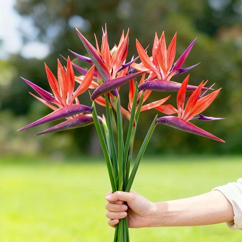 5 Pack Vivid Artificial Birds Of Paradise Flowers With Green Leaves Orange And Purple Petals Perfect For Home Office Wedding Table Centerpieces Centerpiece Decor Realistic Plastic - Image 1