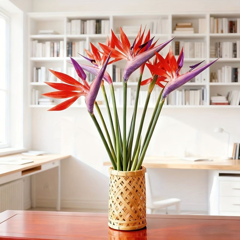 5 Pack Vivid Artificial Birds Of Paradise Flowers With Green Leaves Orange And Purple Petals Perfect For Home Office Wedding Table Centerpieces Centerpiece Decor Realistic Plastic - Image 3