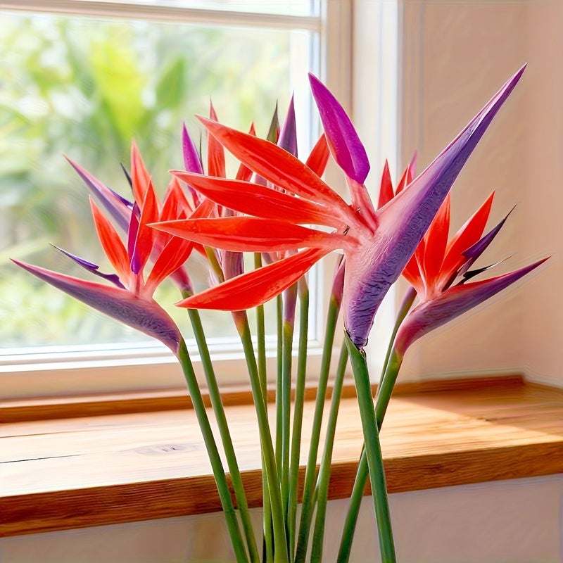 5 Pack Vivid Artificial Birds Of Paradise Flowers With Green Leaves Orange And Purple Petals Perfect For Home Office Wedding Table Centerpieces Centerpiece Decor Realistic Plastic - Image 5